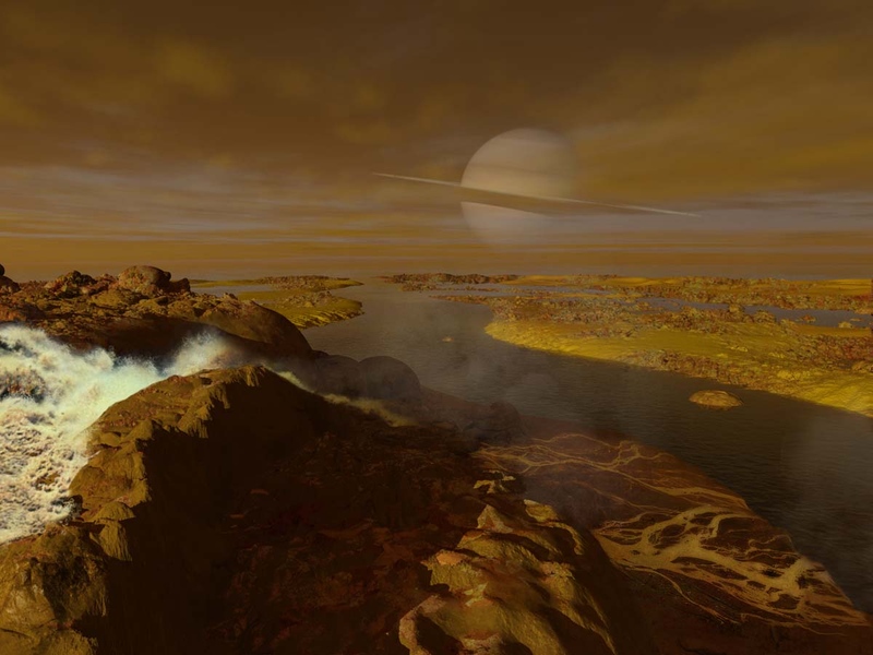 Illustration for article titled Gorgeous illustrations of what it would look like to stroll along Titan's methane rivers